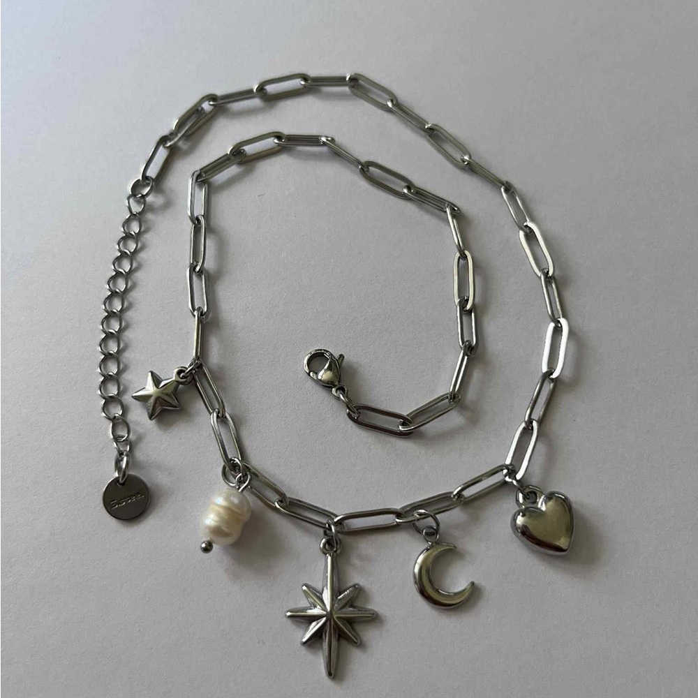 Silver Charm Necklace Pearl Star Moon Heart Charms Stainless Steel